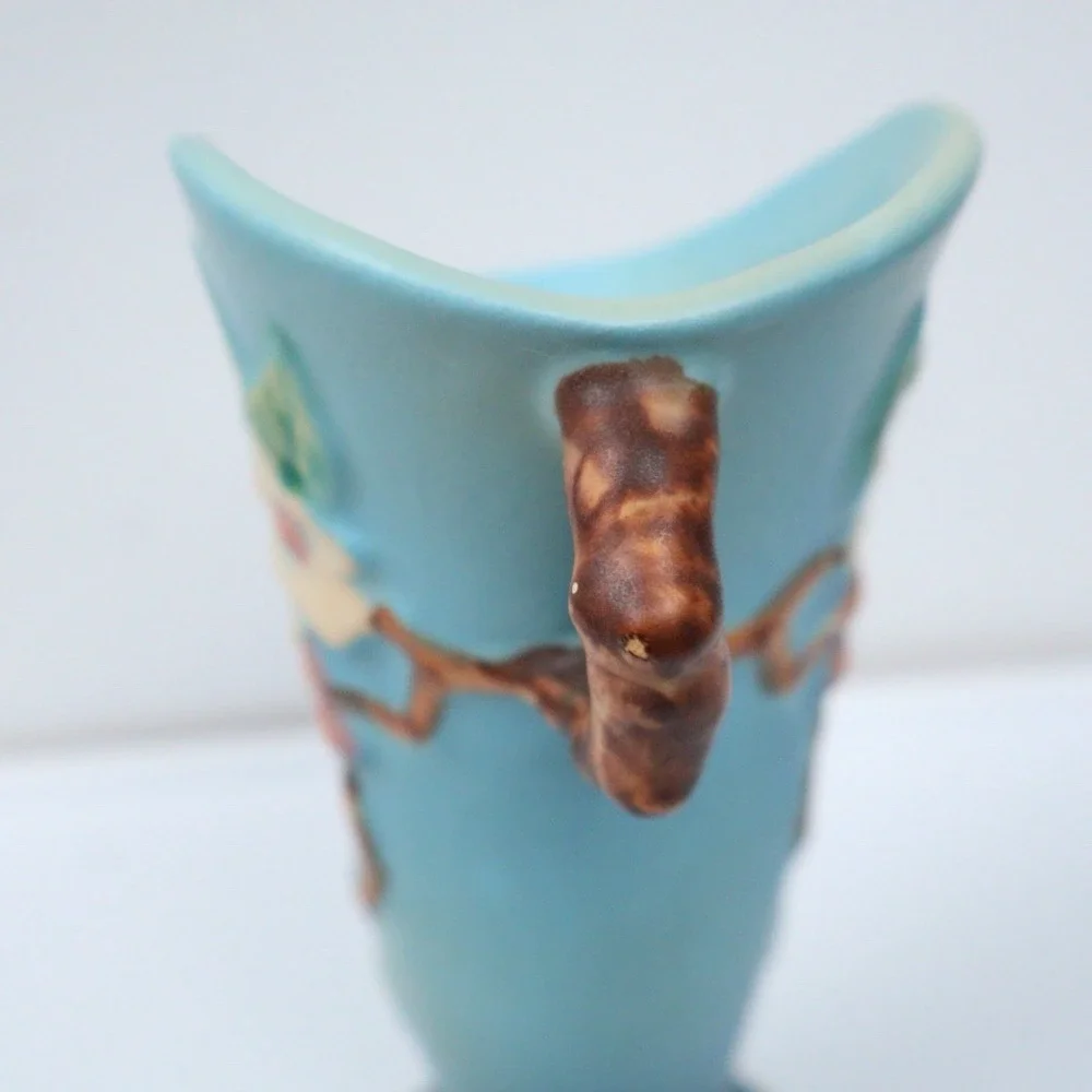 Roseville Vintage Pottery Apple Blossom Vase Shape 382-7 Aqua Blue
